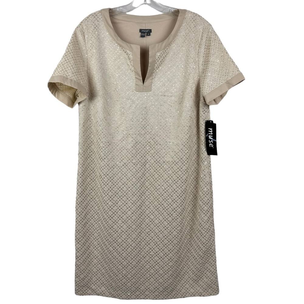 Muse Dress Womens 10 Gold Beige Sequin Shirt Mini Sheath Metallic